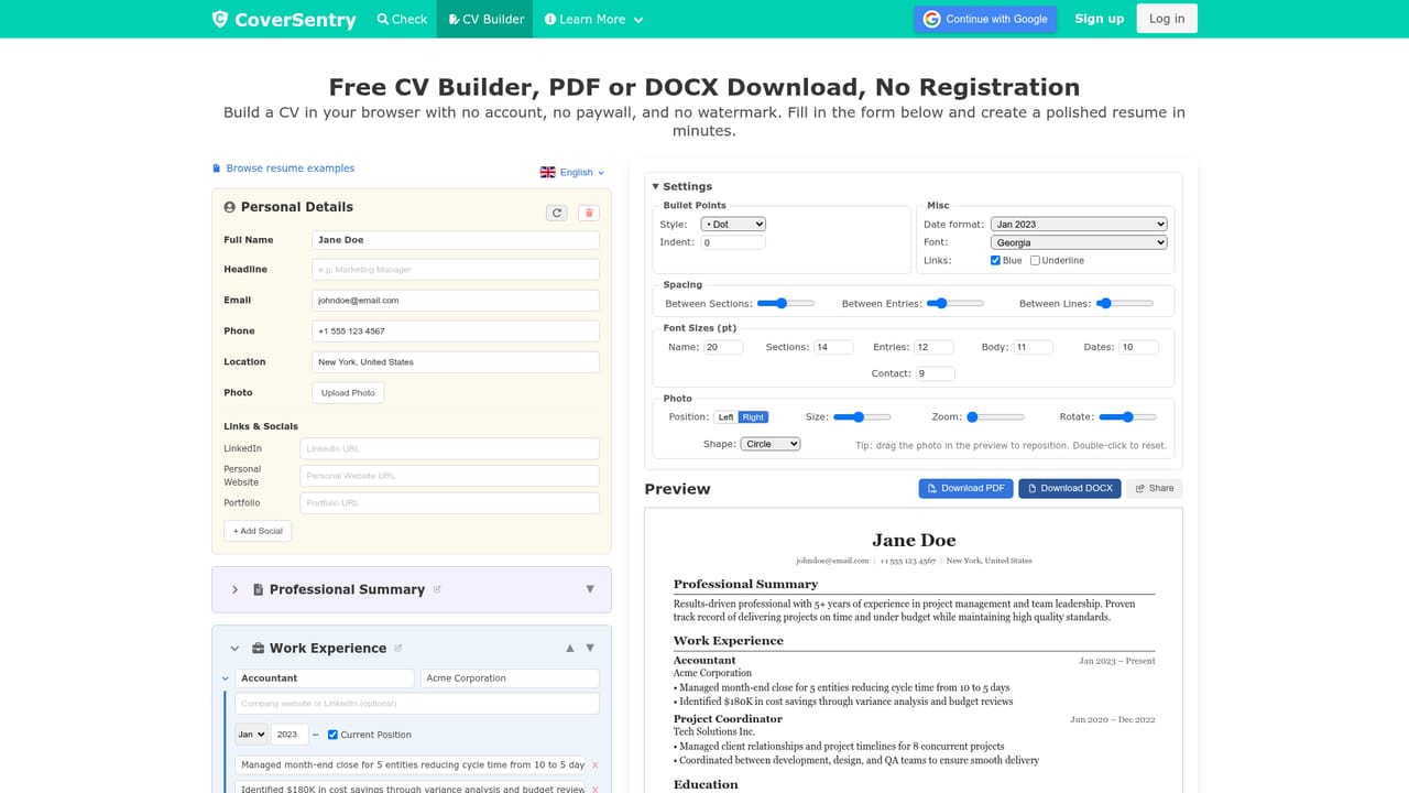 CoverSentry — Build or refresh the CV