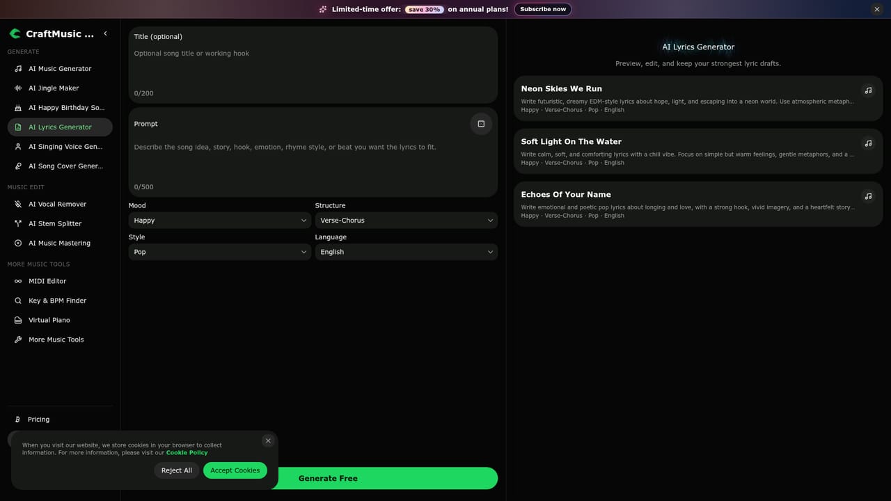 CraftMusic AI — Write or refine lyrics if needed