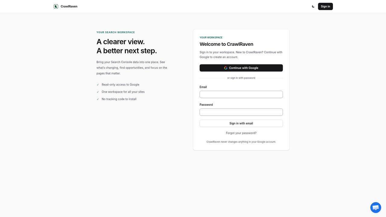 CrawlRaven — Start a free trial and create a workspace