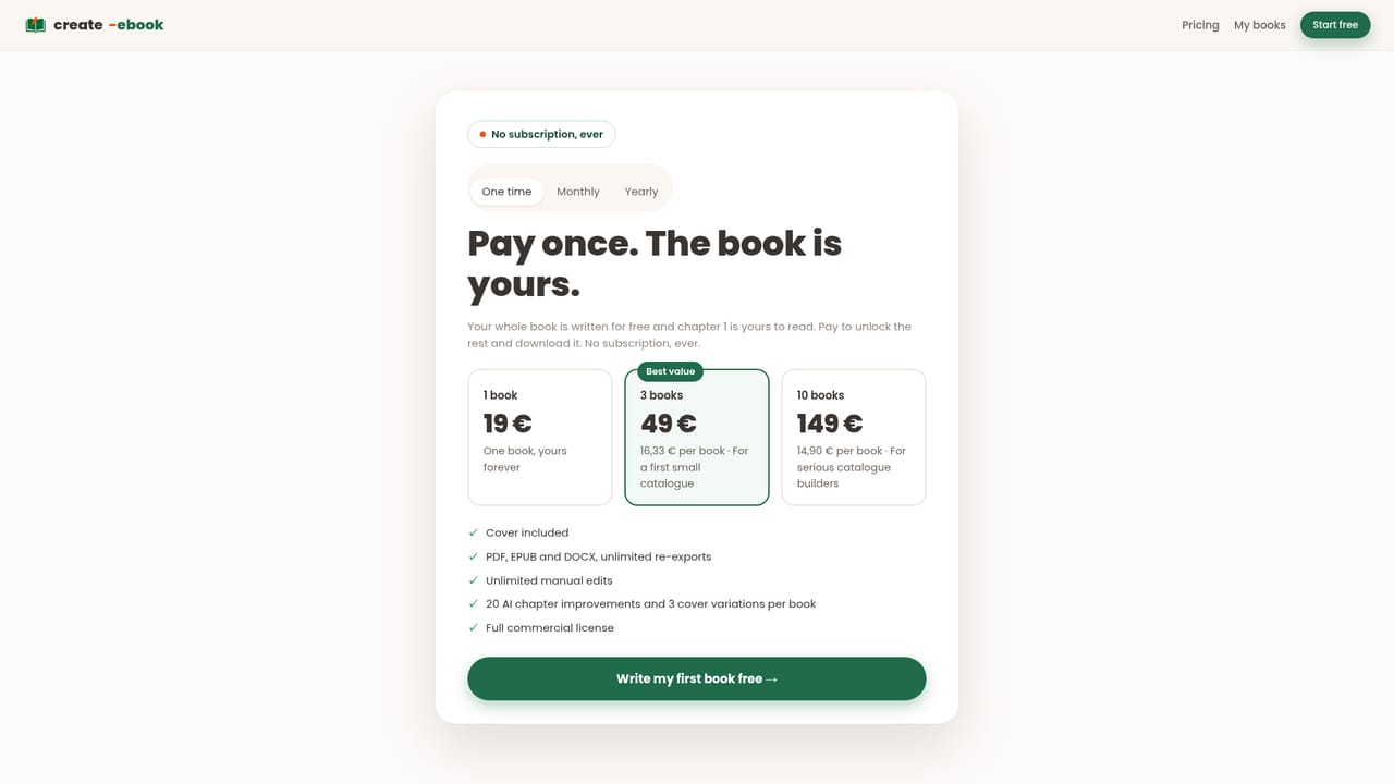 create-ebook — Pay once and export your files