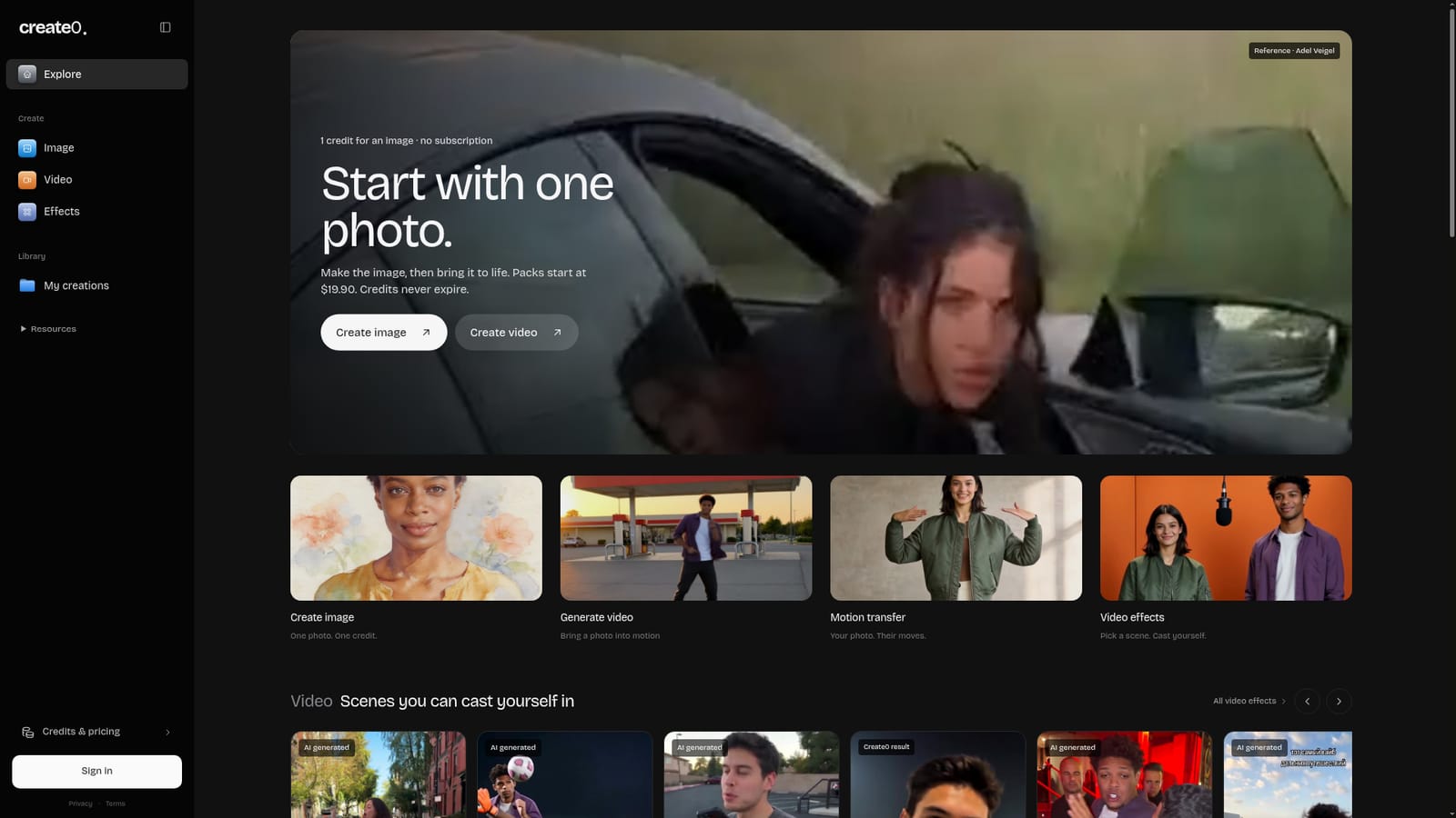 Create0 — Pick photo or video as your starting point