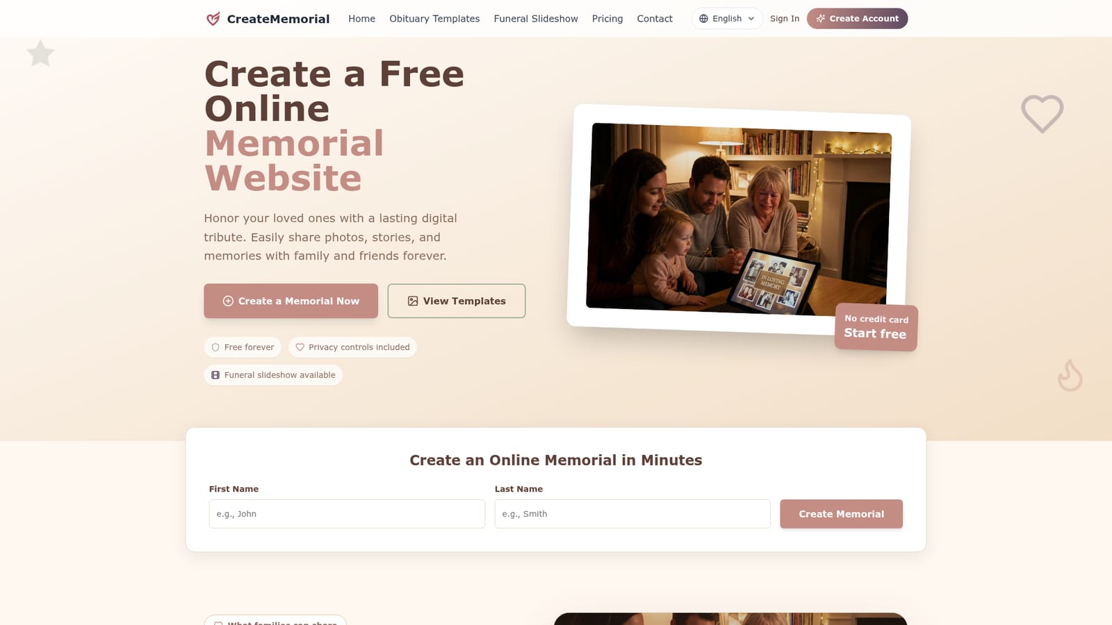 CreateMemorial — Start a memorial from the homepage
