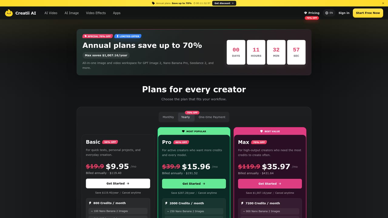 Creatii AI — Pick a plan or credit pack