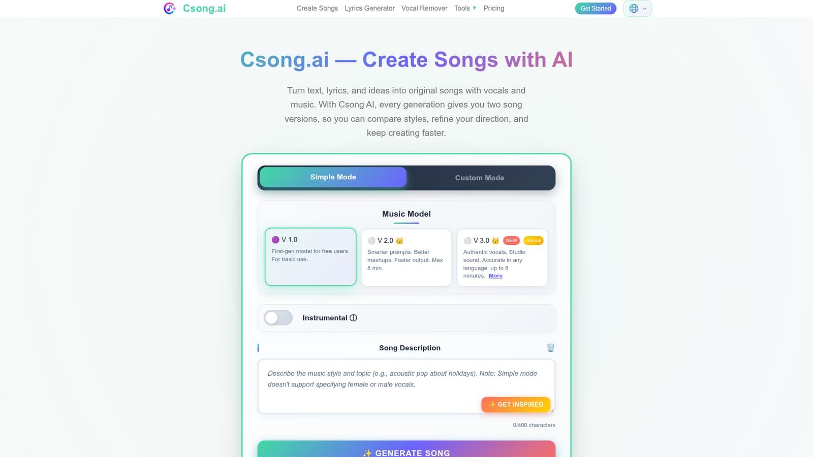 Csong AI — Sign in to open the creation screen