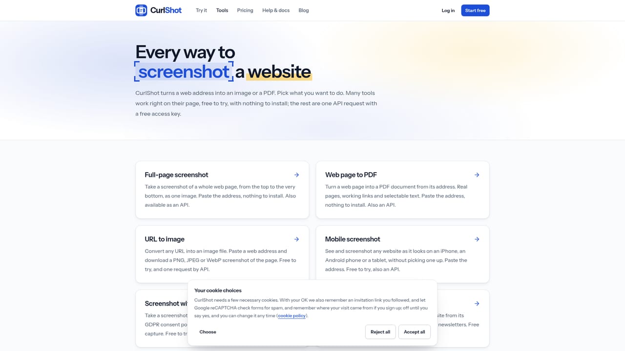 CurlShot — Choose page coverage, device and output format