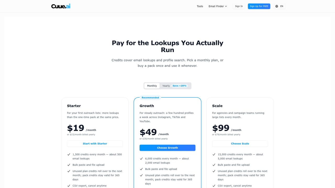 Cuue AI — Check credits and plan limits