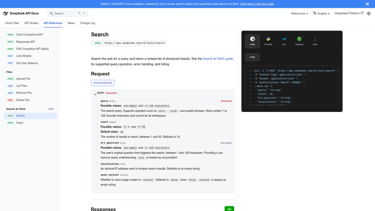DeepSeek — Read the web search and fetch API docs