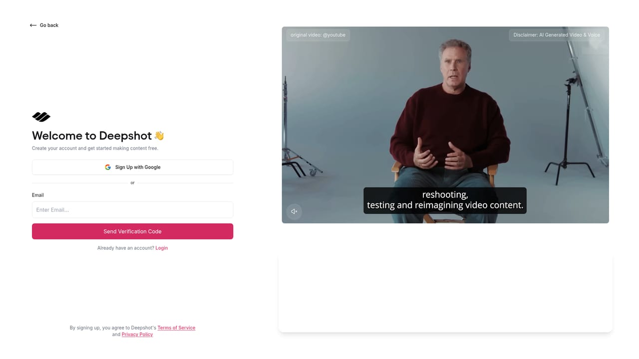 Deepshot — Create an account and start the trial
