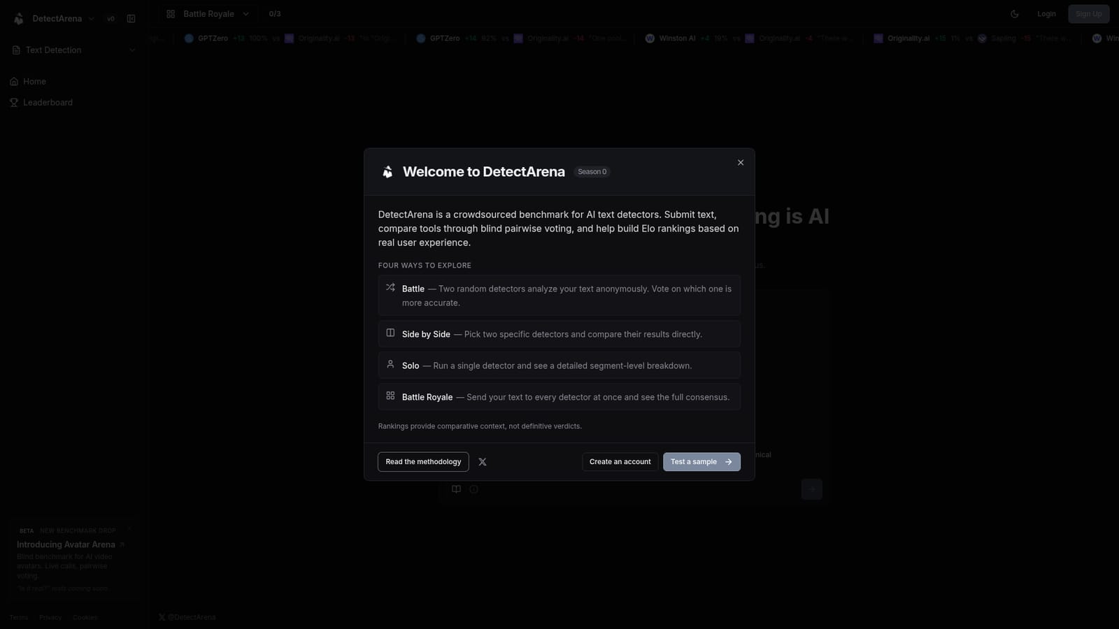DetectArena — Open the homepage and paste text