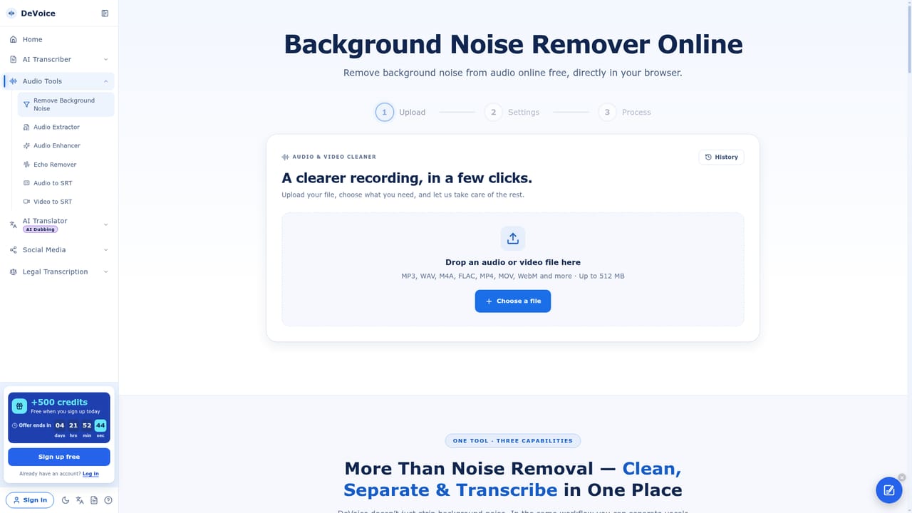 DeVoice — Clean the audio and set transcription options
