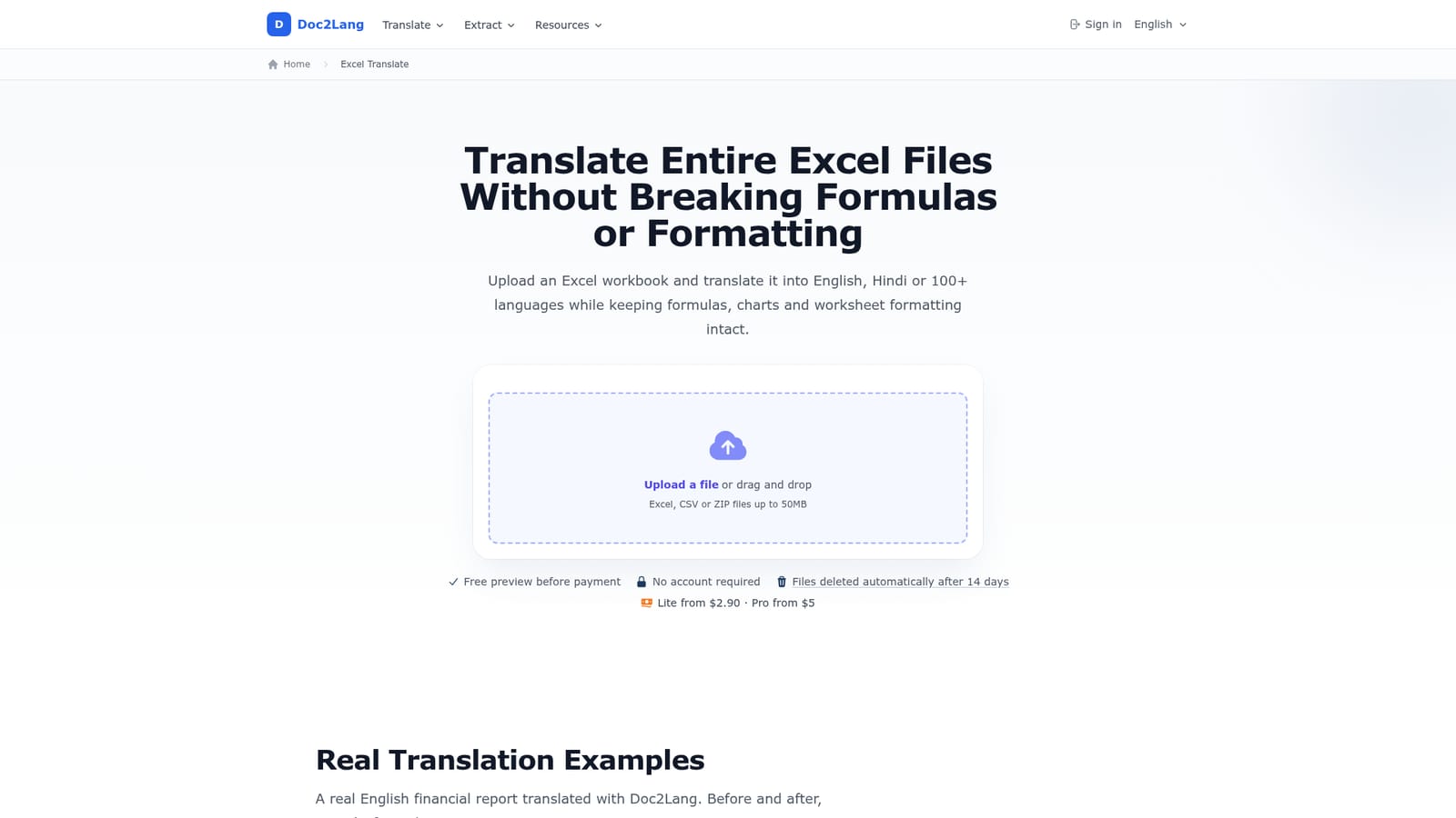 Doc2Lang Online Excel Translator — Upload your workbook