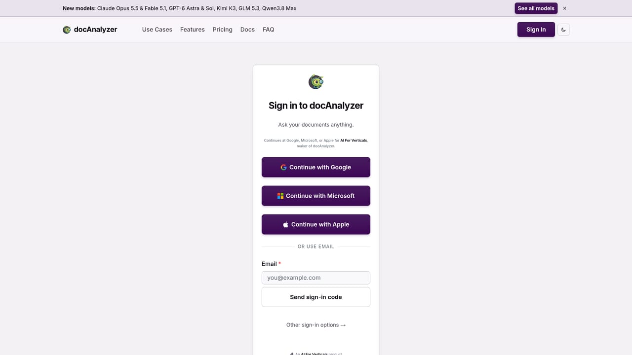 docAnalyzer — Create an account and open your first session