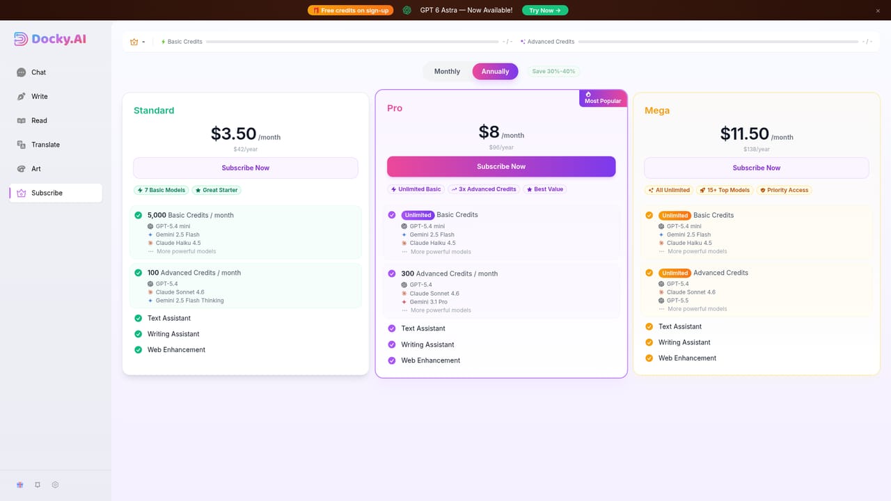 Docky — Review plans on the subscription page