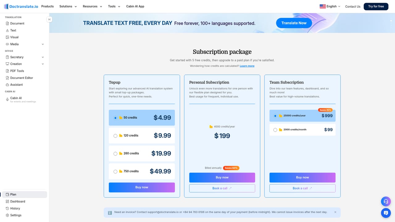 DocTranslate — Manage your plan and settings