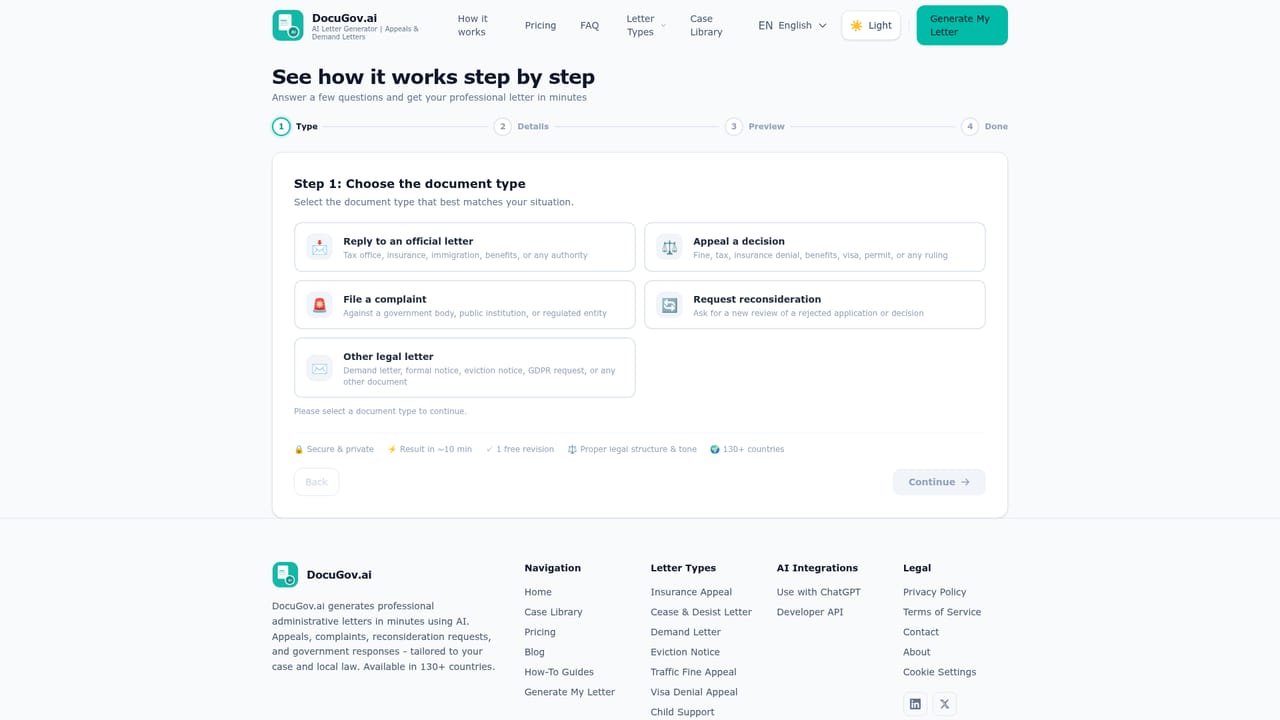 DocuGov.ai — Start the wizard and describe your case
