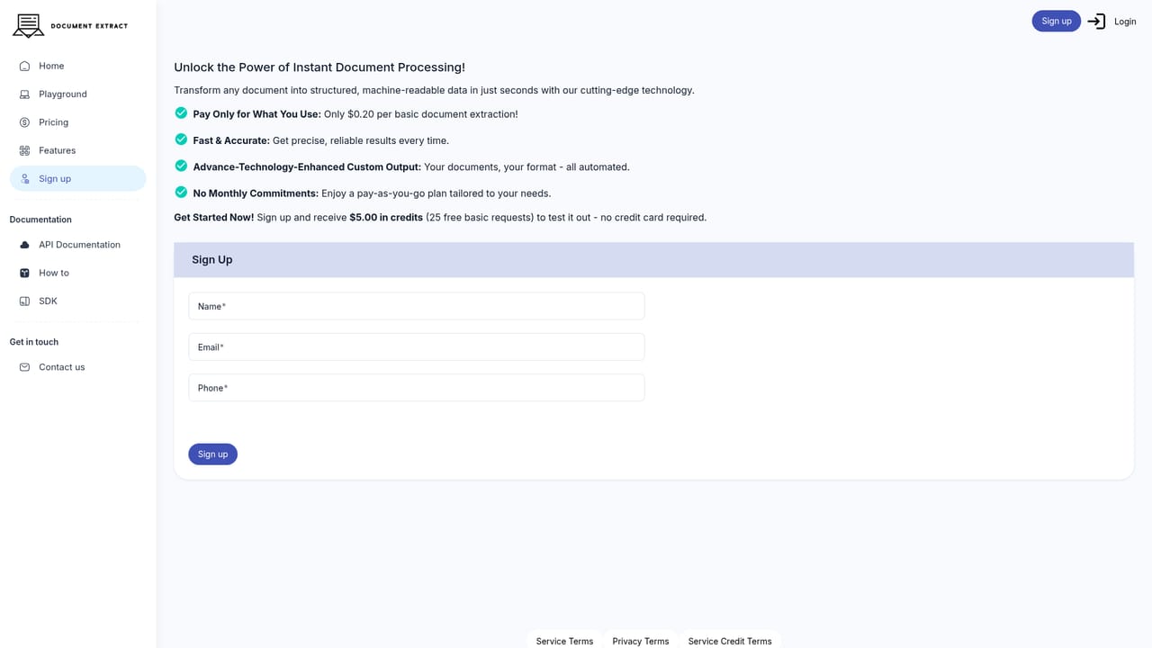 Document Extract — Create an account and claim the starter credits