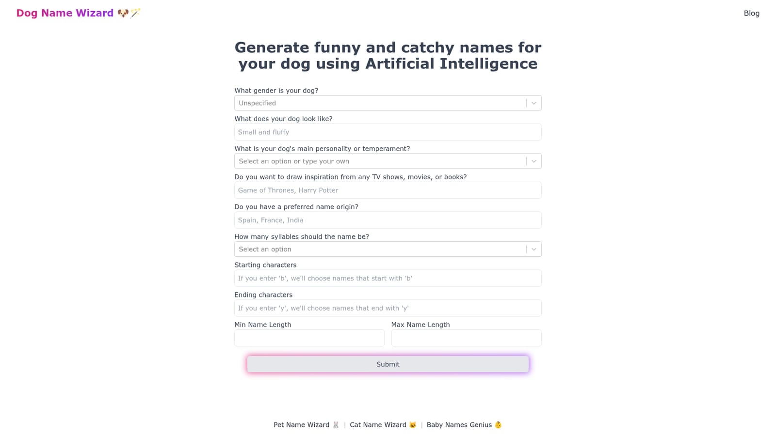 Dog Name Wizard — Open the Dog Name Wizard homepage