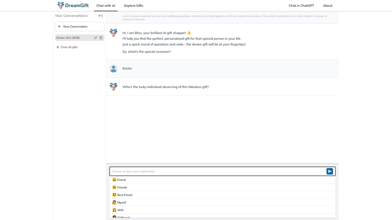 DreamGift — Open the chat with Bliss