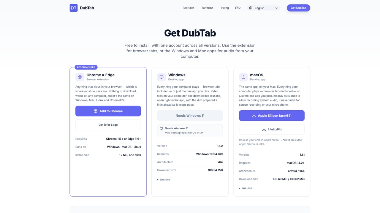 DubTab — Install the extension or desktop app