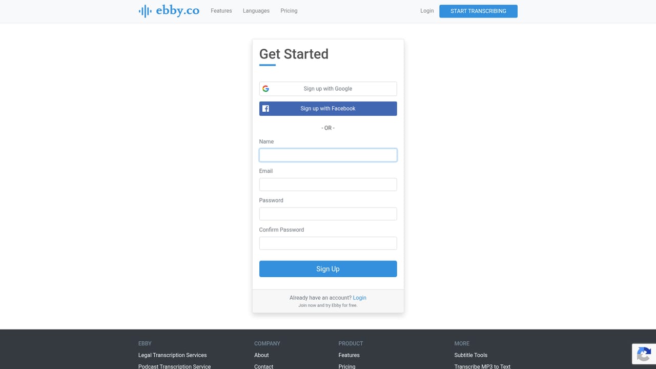 Ebby — Create an account and start the free trial