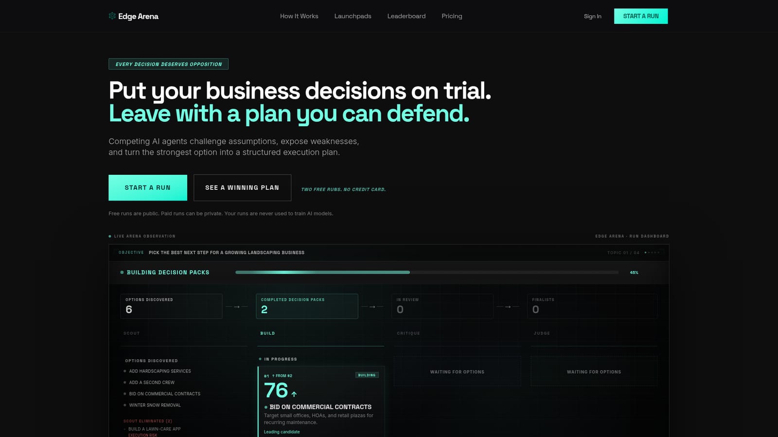 Edge Arena — Start a run from the homepage