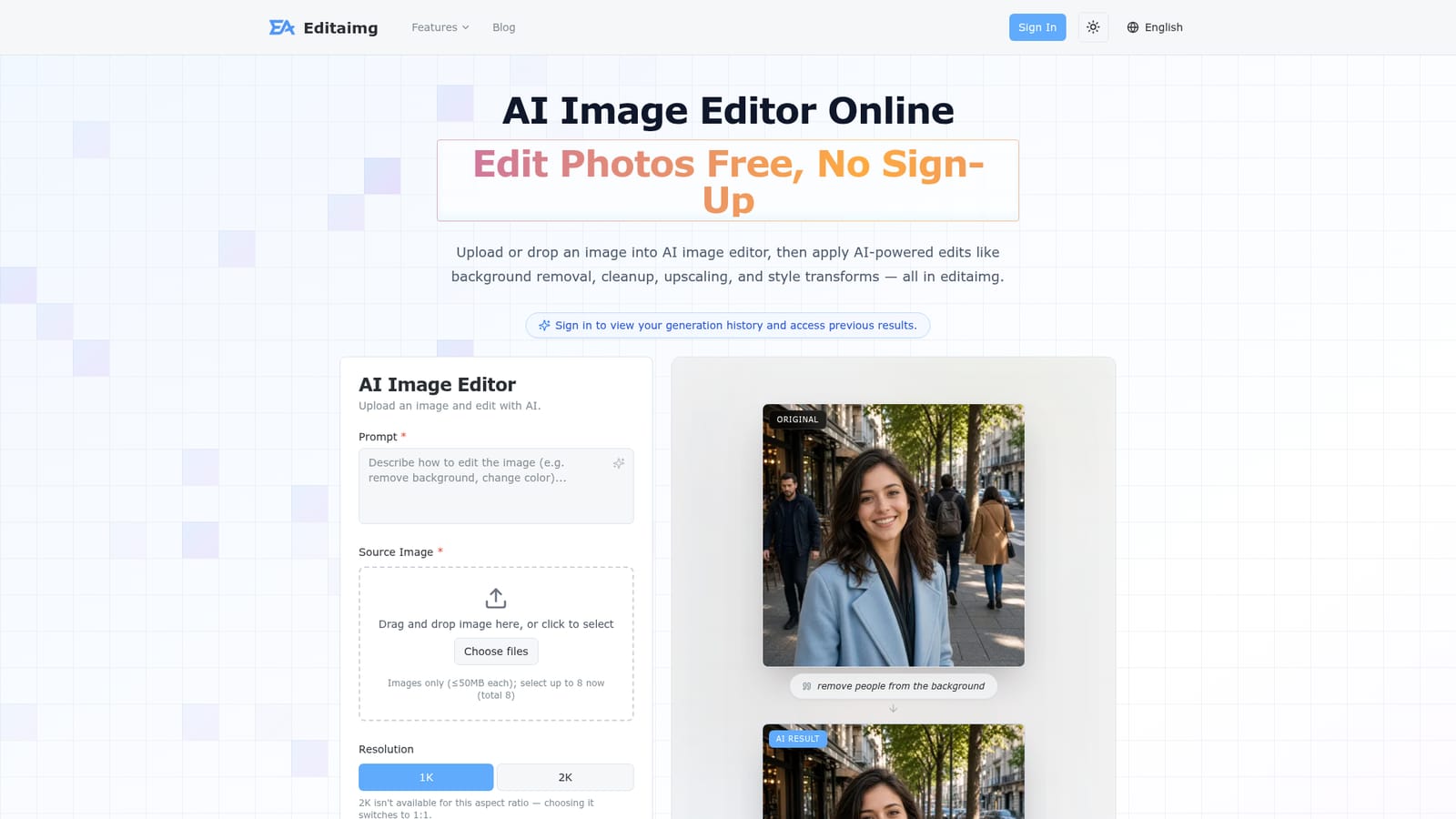 editaimg.com — Open the editor and upload images