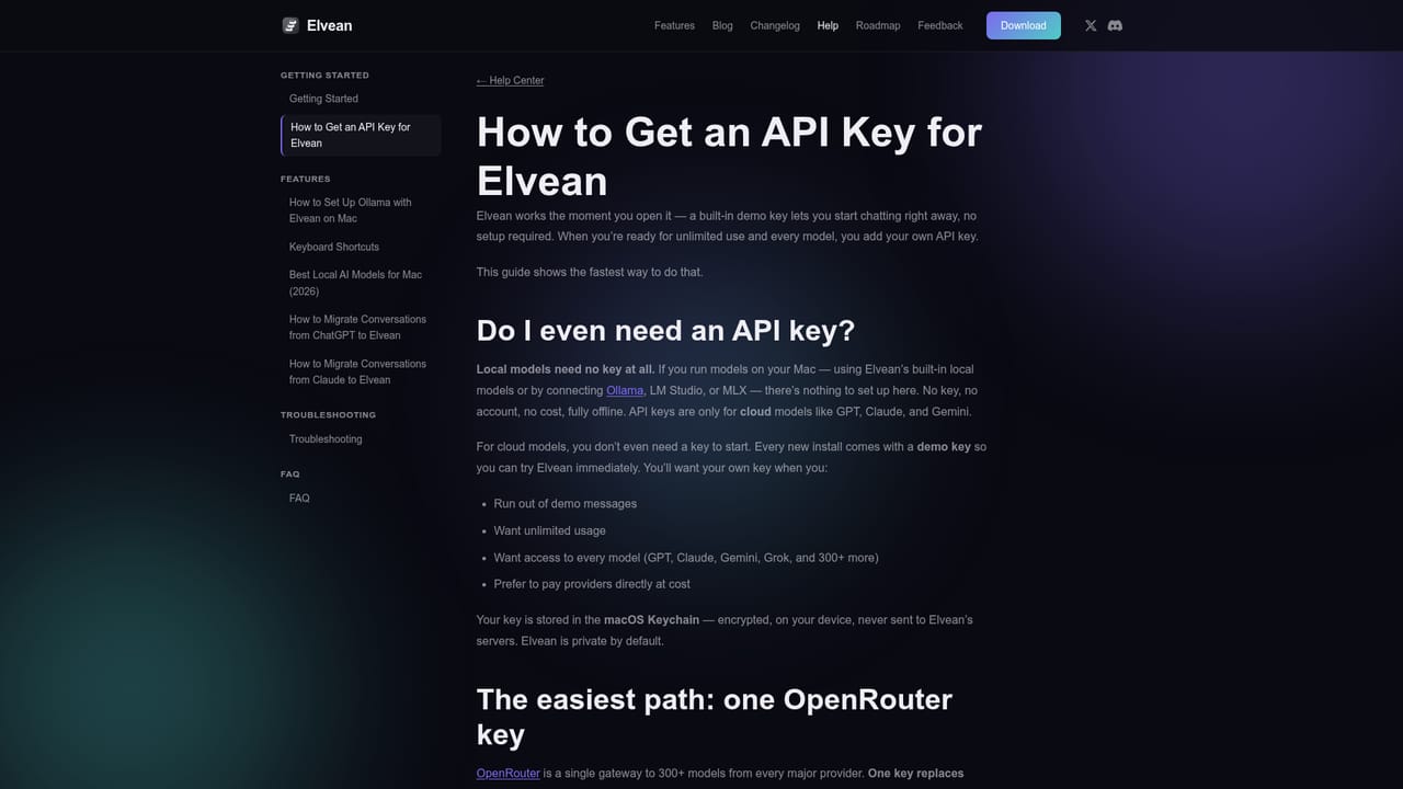 Elvean — Add a provider key or a local model