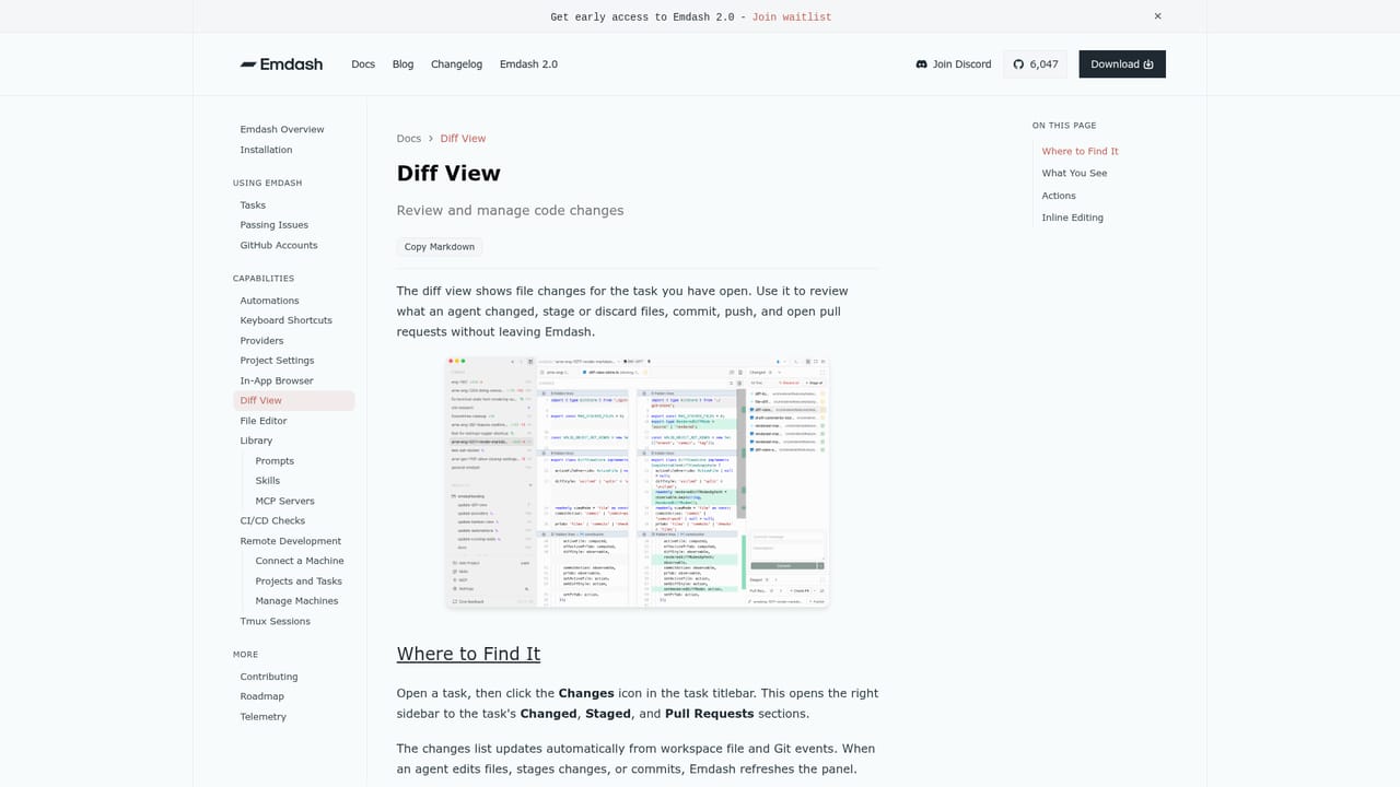 Emdash — Preview the app and review the diff