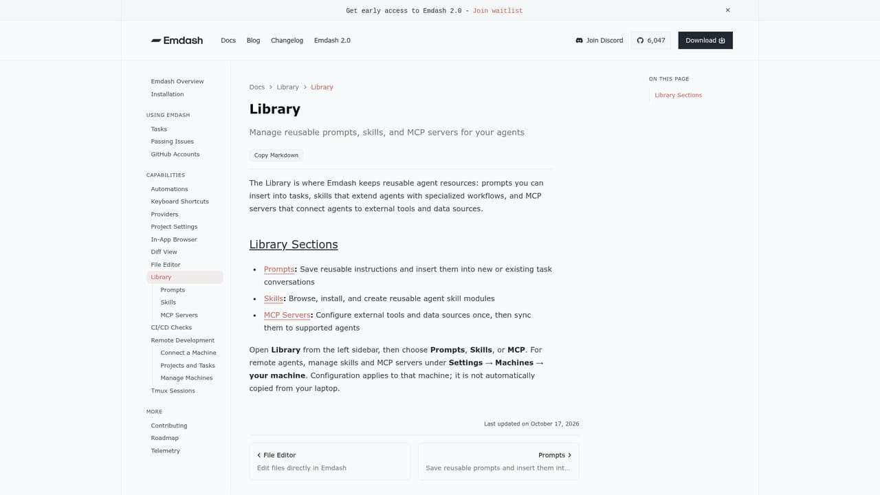 Emdash — Save reusable prompts, skills and MCP servers