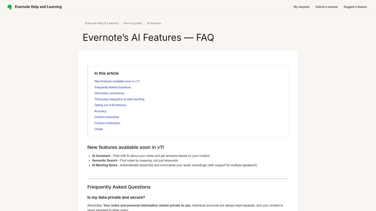 Evernote AI — Read the AI Features FAQ for limits and data details