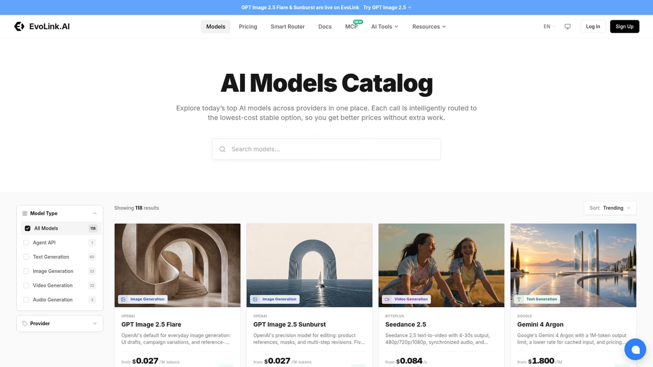 EvoLink — Browse the model catalog
