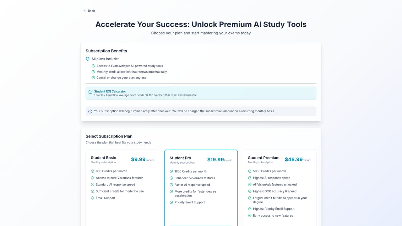 ExamWhisper — Compare plans and subscribe