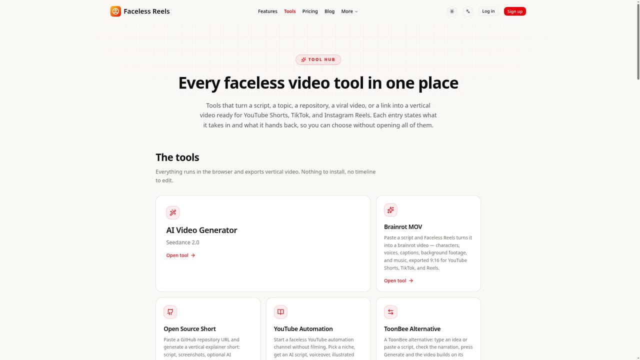 FacelessReels.video — Pick a workflow