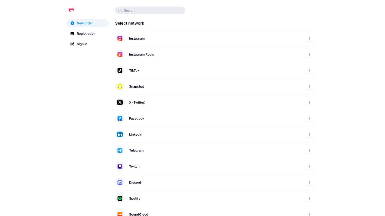 FameFlame — Open the services page and choose a target