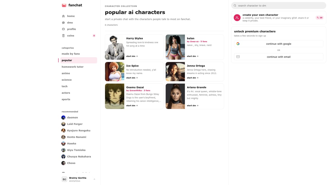 FanChat — Browse characters by interest