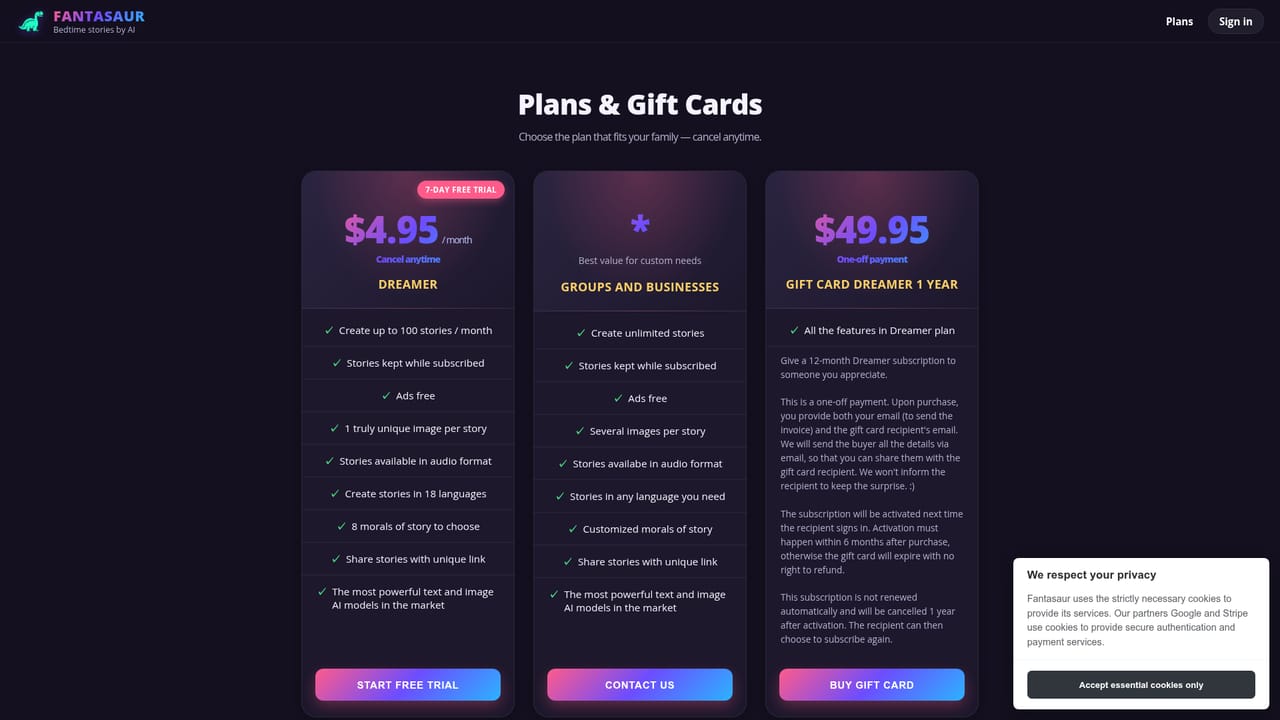 Fantasaur — Start the trial and pick a plan