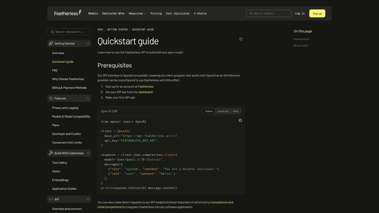 Featherless — Read the quickstart for platform details