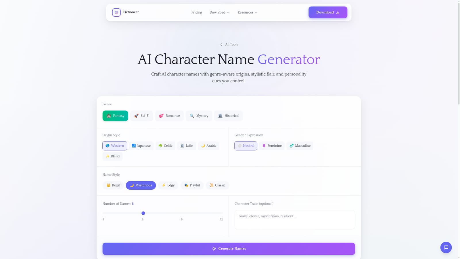 Fictioneer — Open the character name generator