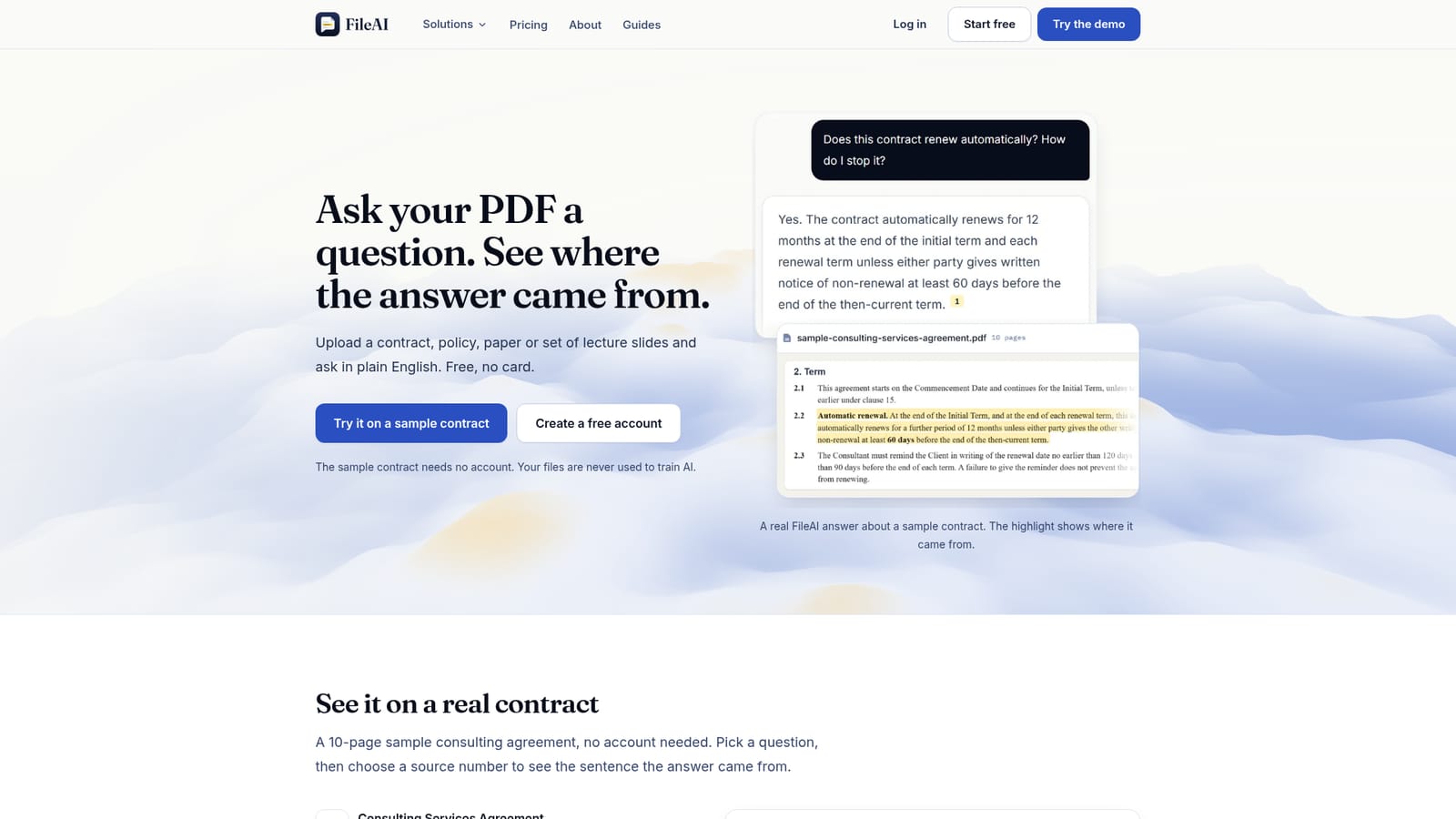 FileAI — Try the sample contract without an account