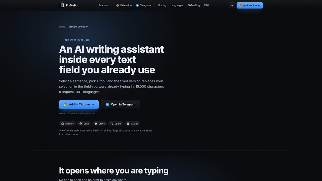 FixMeBot — Install the extension and sign in with Google