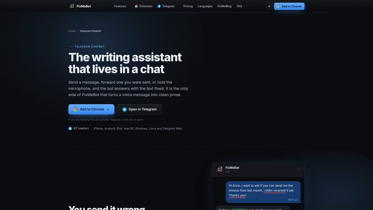 FixMeBot — Open the Telegram bot for phone writing