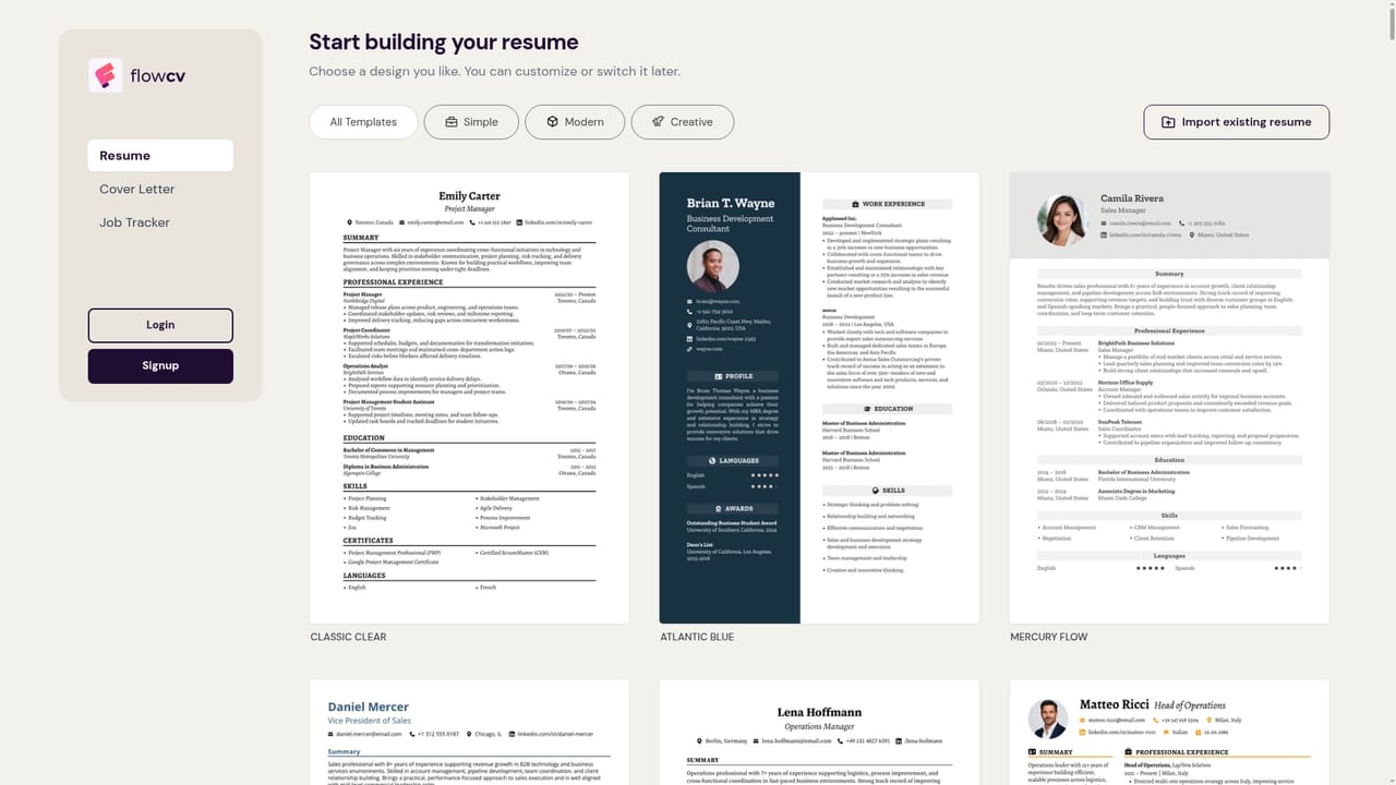 FlowCV — Add content or import an existing resume