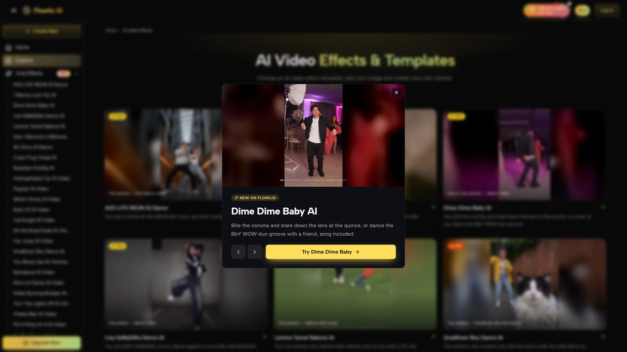 Flowlio AI — Pick a viral effect or open the generator