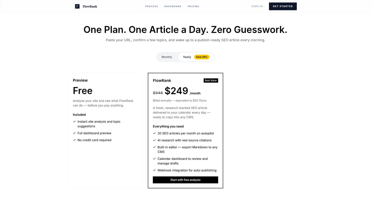 FlowRank — Pick a plan and billing cycle