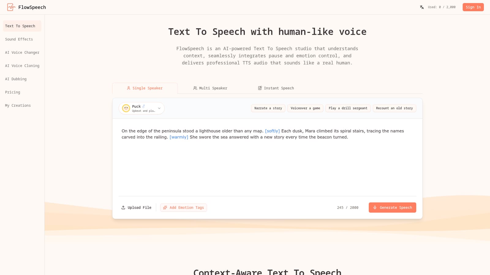 FlowSpeech — Pick a generation mode