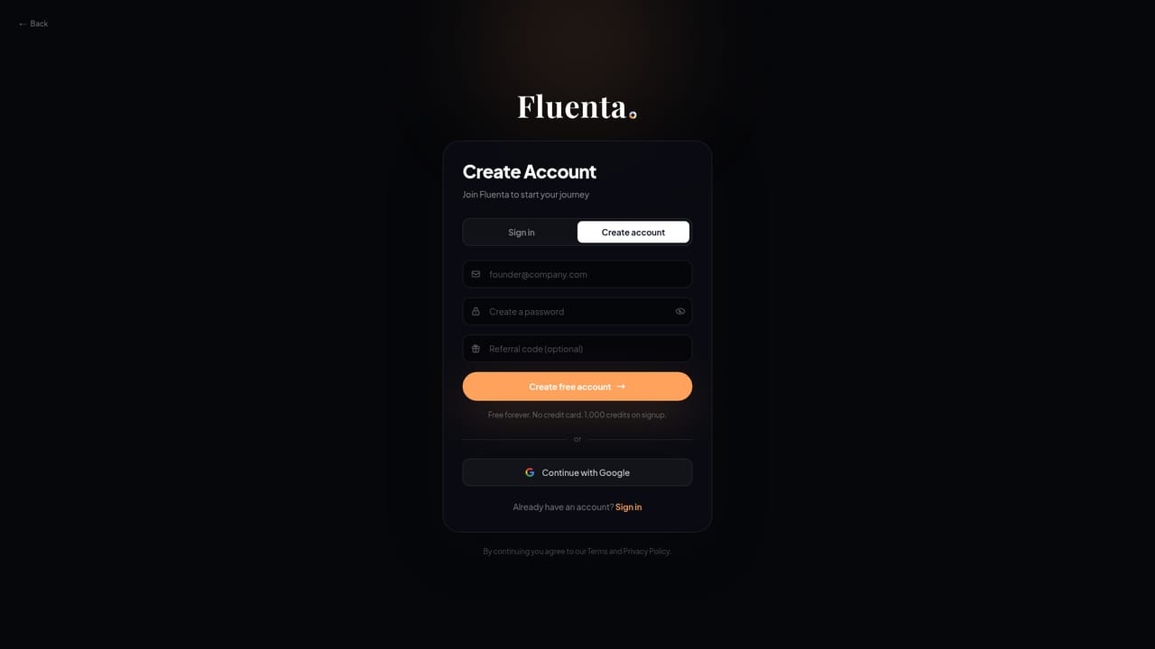 Fluenta — Create an account