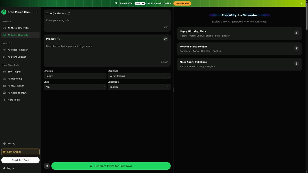 Free ai Music Creator — Write or refine lyrics (optional)