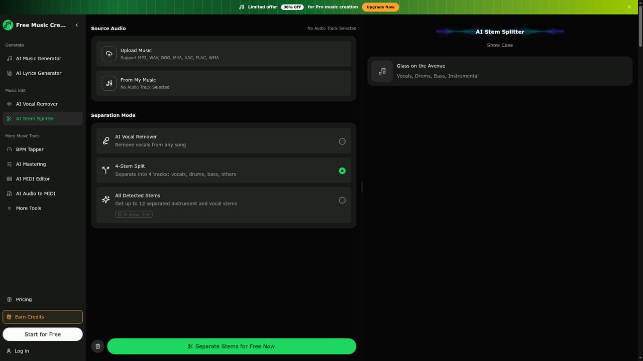 Free ai Music Creator — Split stems or remove vocals if required