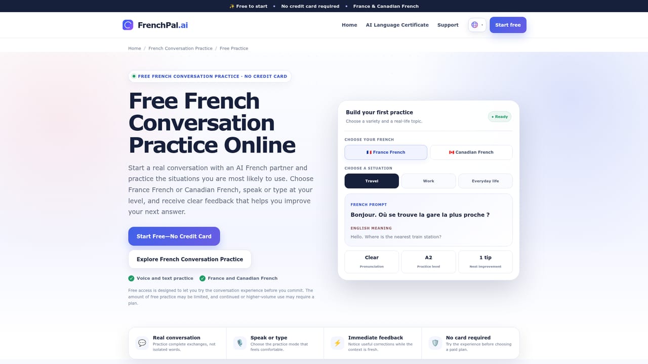 FrenchPal.ai — Pick a scenario or start a free conversation