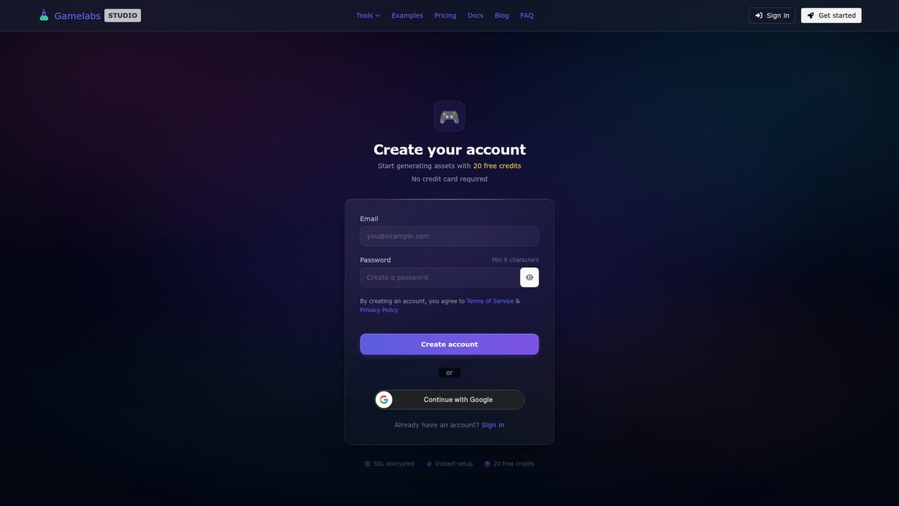 Gamelabs Studio — Create an account and claim the free credits